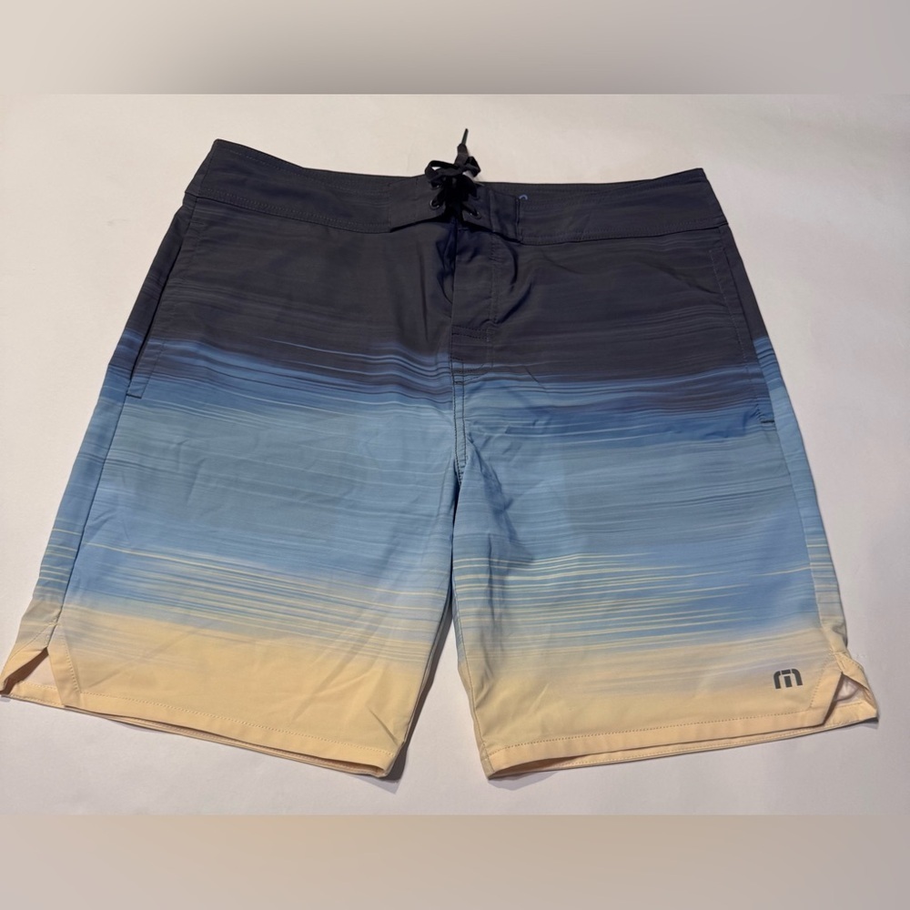 Travis Mathew Board Shorts Mens 36 Blue Tan Striped Swim Beach No Liner